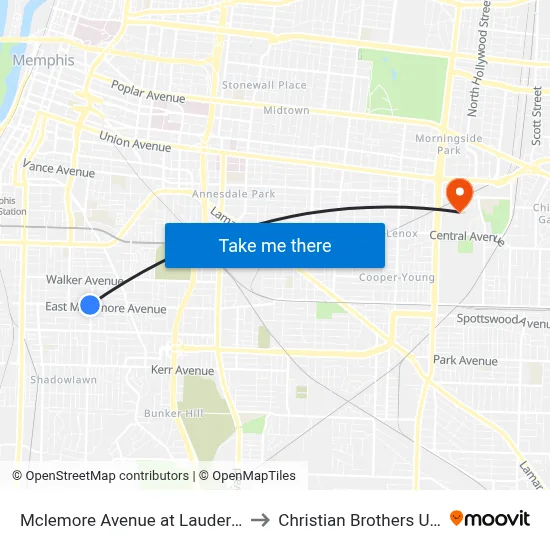 Mclemore Avenue at Lauderdale Street to Christian Brothers University map