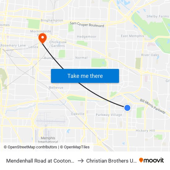 Mendenhall Road at Cootonwood Road to Christian Brothers University map