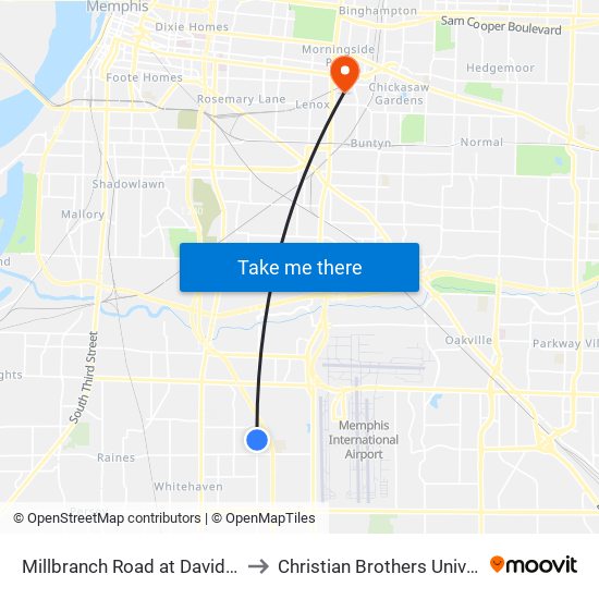 Millbranch Road at David Drive to Christian Brothers University map