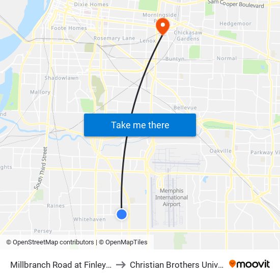 Millbranch Road at Finley Road to Christian Brothers University map