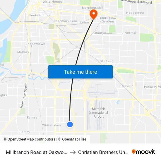 Millbranch Road at Oakwood Drive to Christian Brothers University map