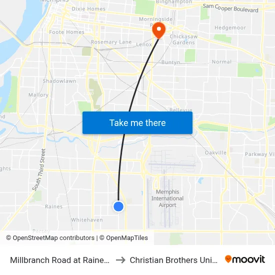 Millbranch Road at Raines Road to Christian Brothers University map