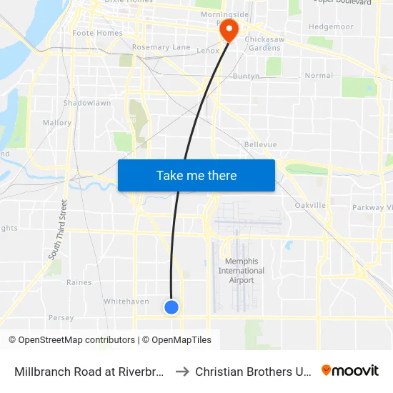 Millbranch Road at Riverbrookk Drive to Christian Brothers University map