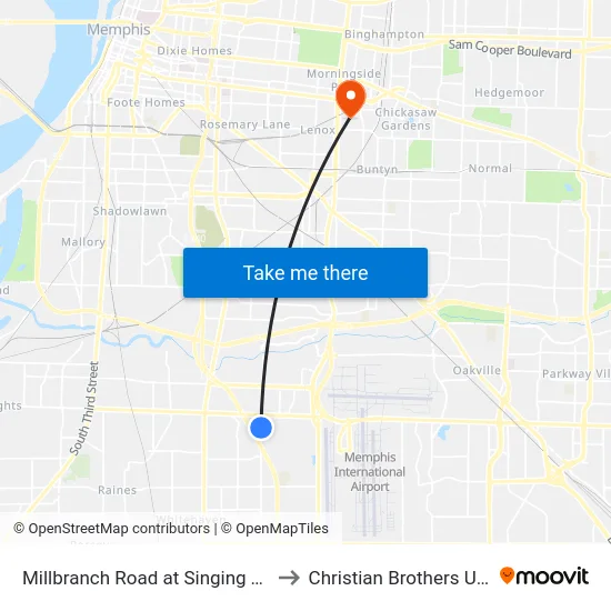 Millbranch Road at Singing Trees Drive to Christian Brothers University map