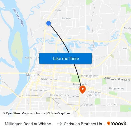 Millington Road at Whitney Avenue to Christian Brothers University map