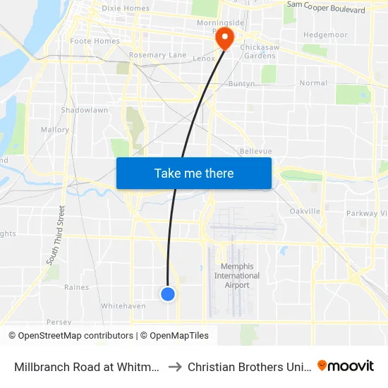 Millbranch Road at Whitman Road to Christian Brothers University map