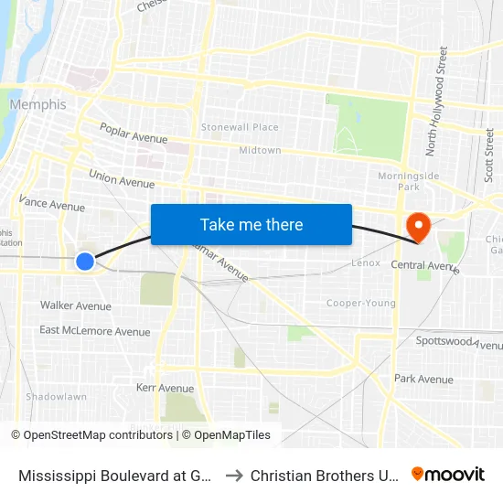 Mississippi Boulevard at Goyer Place to Christian Brothers University map