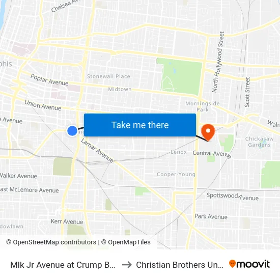 Mlk Jr Avenue at Crump Boulevard to Christian Brothers University map