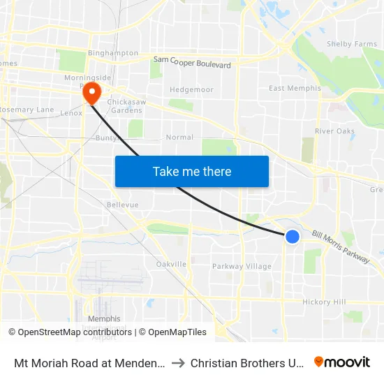 Mt Moriah Road at Mendenhall Road to Christian Brothers University map