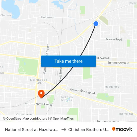 National Street at Hazelwood Avenue to Christian Brothers University map