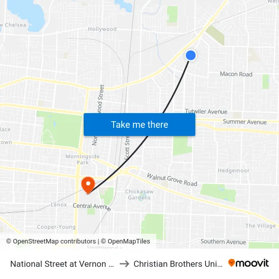 National Street at Vernon Avenue to Christian Brothers University map