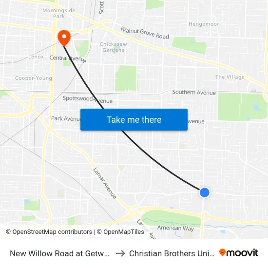 New Willow Road at Getwell Road to Christian Brothers University map