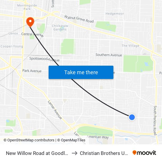 New Willow Road at Goodlett Street to Christian Brothers University map