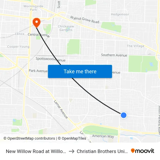 New Willow Road at Willlow Cove to Christian Brothers University map