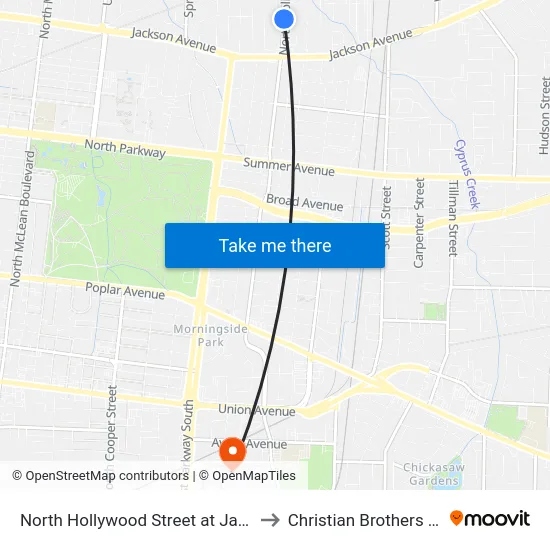 North Hollywood Street at Jackson Avenue to Christian Brothers University map