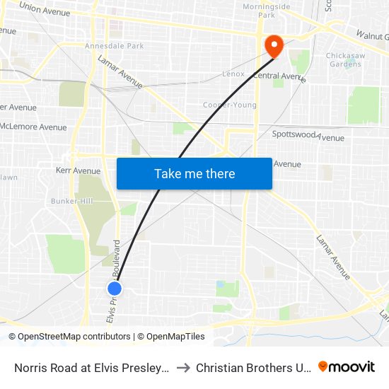 Norris Road at Elvis Presley Boulevard to Christian Brothers University map