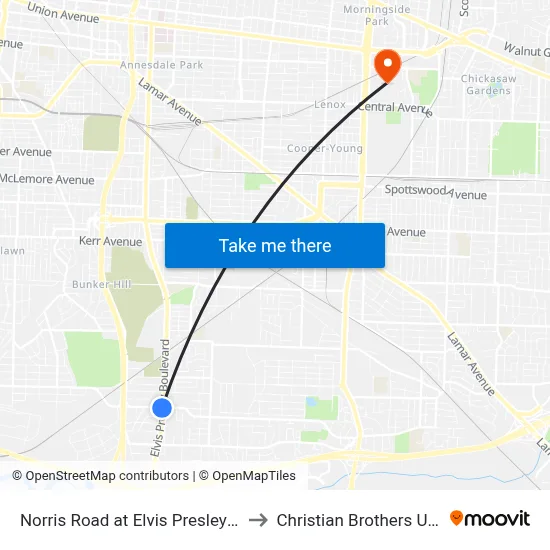 Norris Road at Elvis Presley Boulevard to Christian Brothers University map