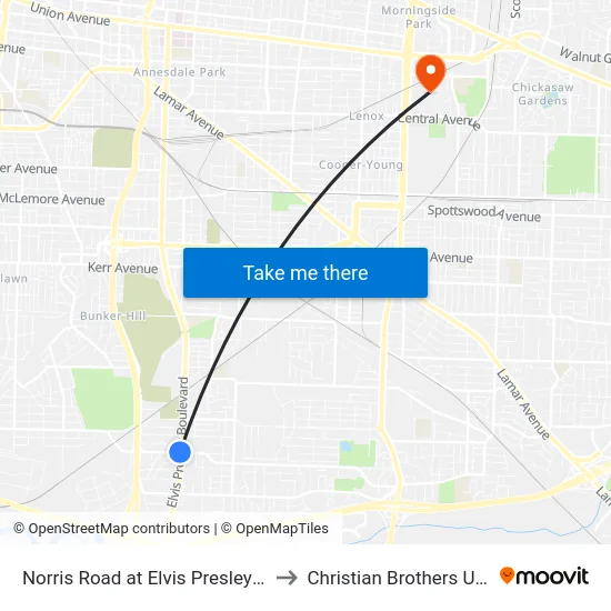 Norris Road at Elvis Presley Boulevard to Christian Brothers University map