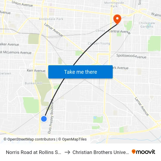 Norris Road at Rollins Street to Christian Brothers University map