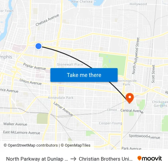 North Parkway at Dunlap Street to Christian Brothers University map