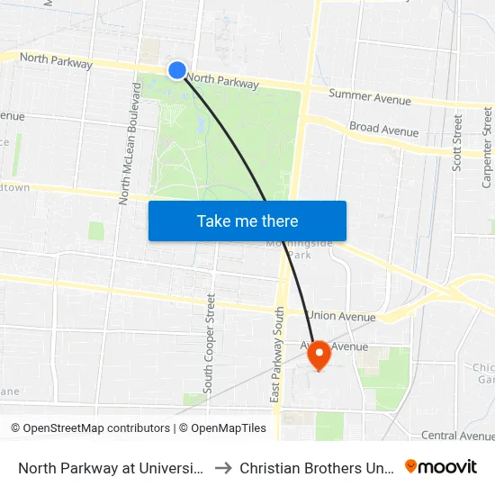 North Parkway at University Street to Christian Brothers University map