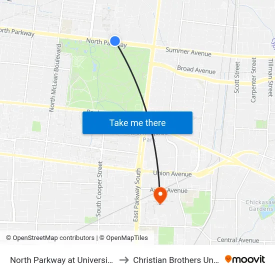 North Parkway at University Street to Christian Brothers University map