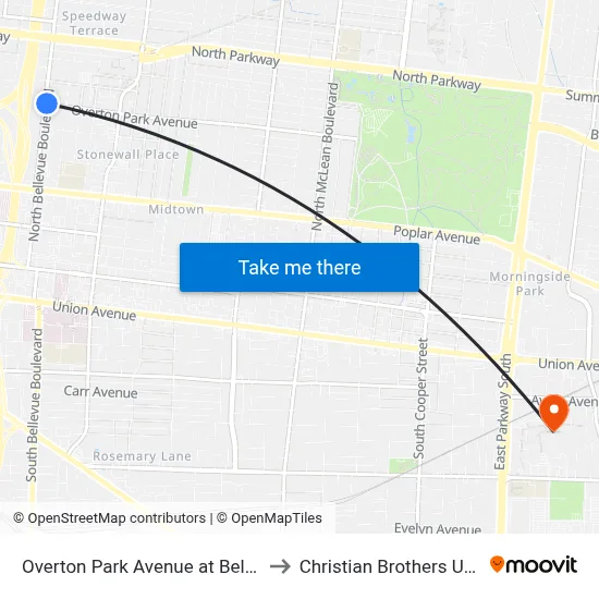 Overton Park Avenue at Bellevue Blvd to Christian Brothers University map