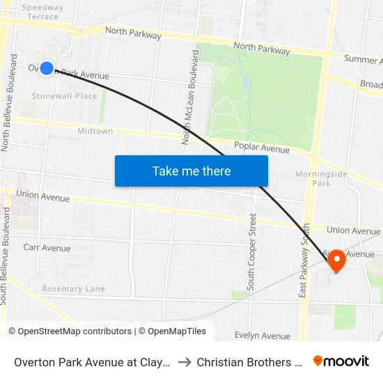 Overton Park Avenue at Claybrook Street to Christian Brothers University map