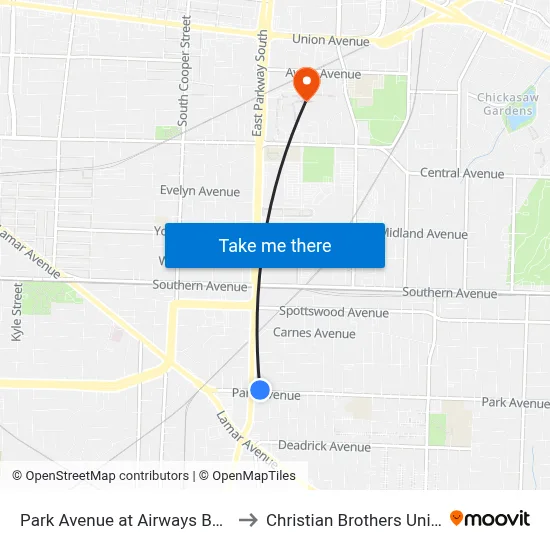 Park Avenue at Airways Boulevard to Christian Brothers University map