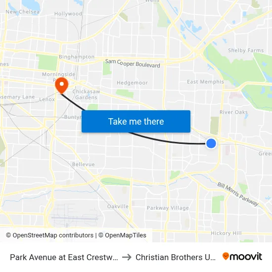 Park Avenue at East Crestwood Drive to Christian Brothers University map
