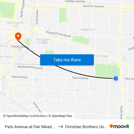 Park Avenue at Fair Meadow Road to Christian Brothers University map
