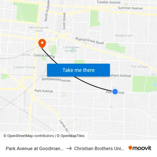 Park Avenue at Goodman Street to Christian Brothers University map