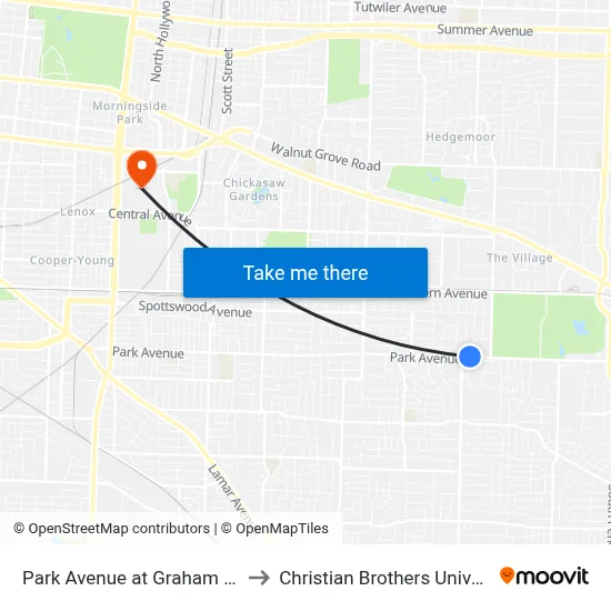 Park Avenue at Graham Road to Christian Brothers University map