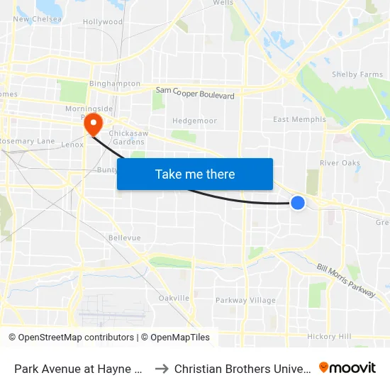 Park Avenue at Hayne Road to Christian Brothers University map