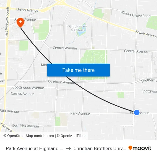Park Avenue at Highland Street to Christian Brothers University map