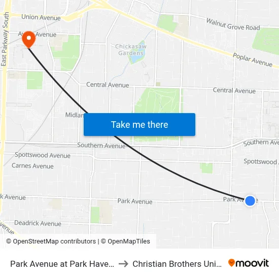 Park Avenue at Park Haven Lane to Christian Brothers University map