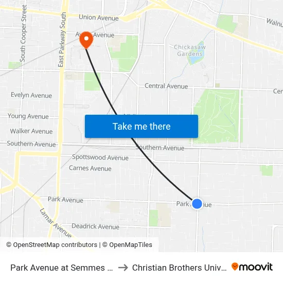 Park Avenue at Semmes Street to Christian Brothers University map