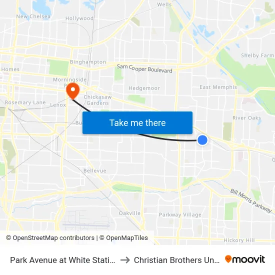 Park Avenue at White Station Road to Christian Brothers University map