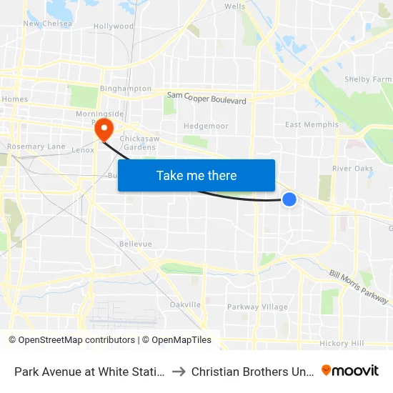 Park Avenue at White Station Road to Christian Brothers University map