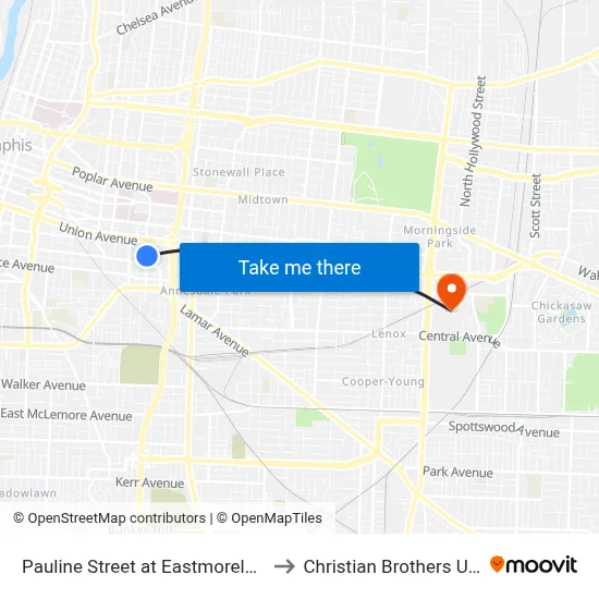 Pauline Street at Eastmoreland Avenue to Christian Brothers University map