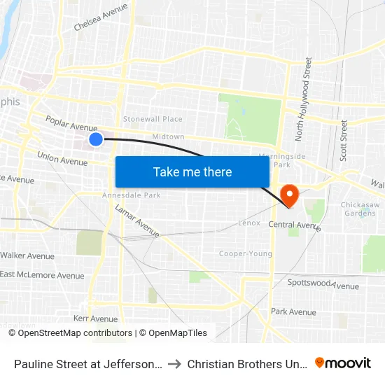 Pauline Street at Jefferson Avenue to Christian Brothers University map