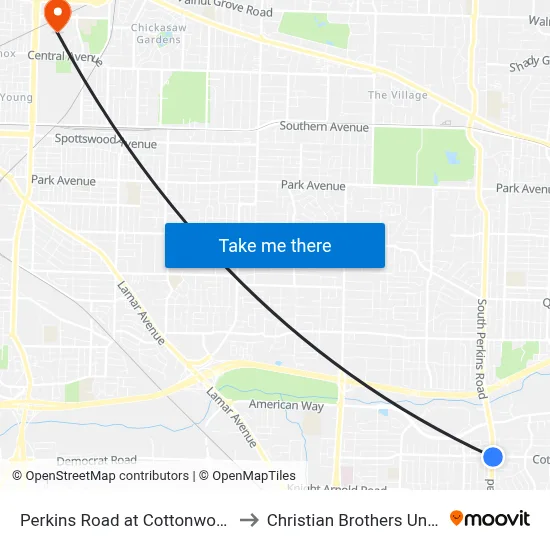 Perkins Road at Cottonwood Road to Christian Brothers University map