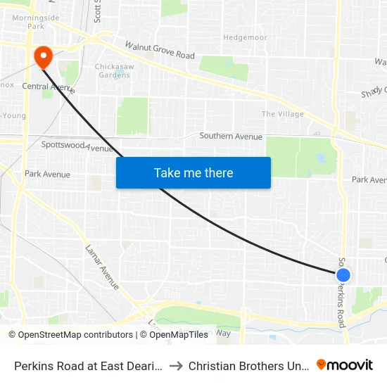 Perkins Road at East Dearing Road to Christian Brothers University map