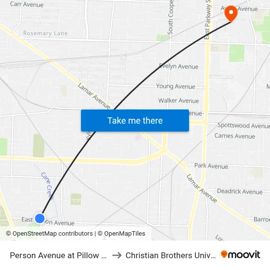Person Avenue at Pillow Street to Christian Brothers University map