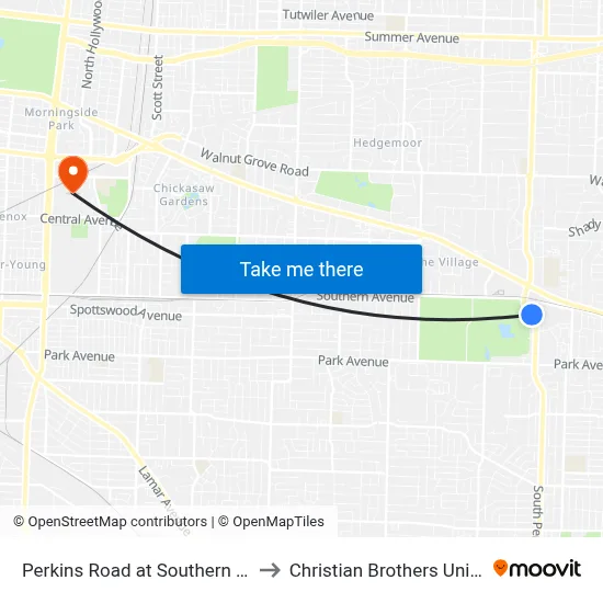 Perkins Road at Southern Avenue to Christian Brothers University map
