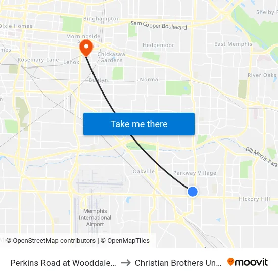 Perkins Road at Wooddale Avenue to Christian Brothers University map