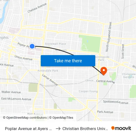 Poplar Avenue at Ayers Street to Christian Brothers University map