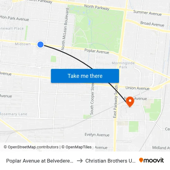 Poplar Avenue at Belvedere Boulevard to Christian Brothers University map