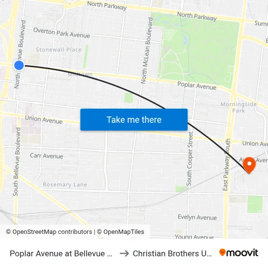 Poplar Avenue at Bellevue Boulevard to Christian Brothers University map