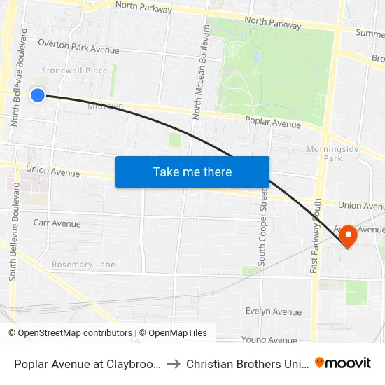 Poplar Avenue at Claybrook Street to Christian Brothers University map